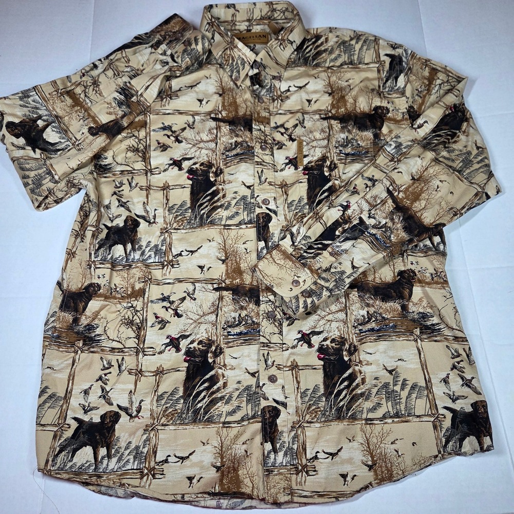 Magellan Sportswear Mens XL Tan Chocolate Lab Duck Hunting Scenic Cotton Shirt